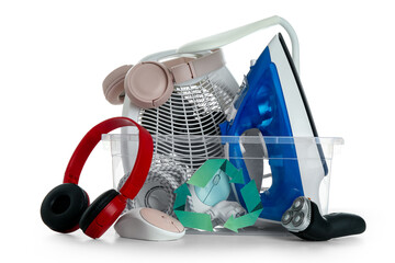 Container with electronic waste for recycling on white background