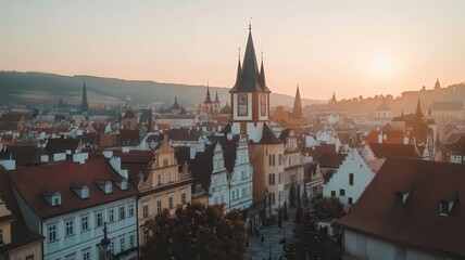 Sunrise Over Historic European City: Red Roofs and Hazy Morning Light