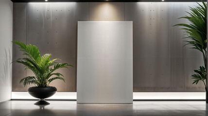 A blank canvas in a sleek, modern interior with dramatic lighting, tropical plants, and a luxurious ambiance. The minimalist setting emphasizes balance, contrast, and contemporary design.