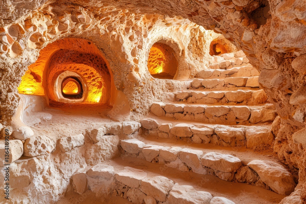 Poster a warm, illuminated stone staircase leads through rounded openings in a textured cave-like structure