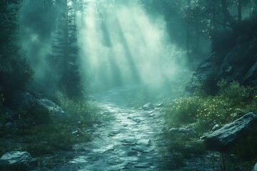 Mysterious dark forest path with sunbeams coming through the trees