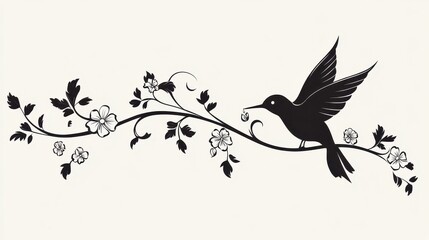 Obraz premium Hummingbird Floral Branch Design with Black Silhouette.
