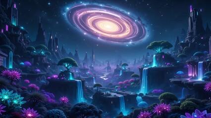 A surreal alien landscape with glowing bioluminescent trees