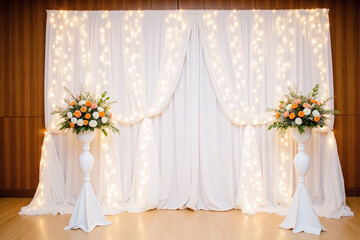 wedding backdrop with white drapes and flowers on it