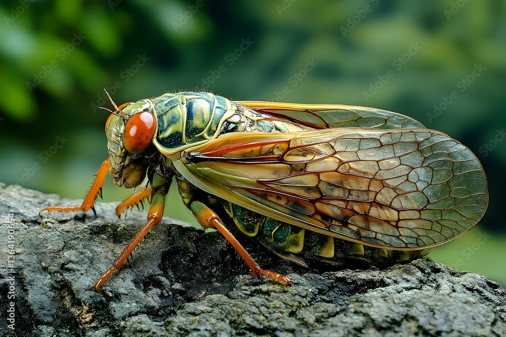 Poster close-up of a colorful cicada on a tree trunk in a lush forest