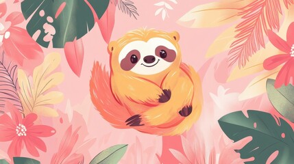 Cute Sloth Tropical Flowers Illustration.