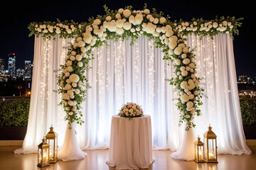 wedding backdrop with white flowers and candles