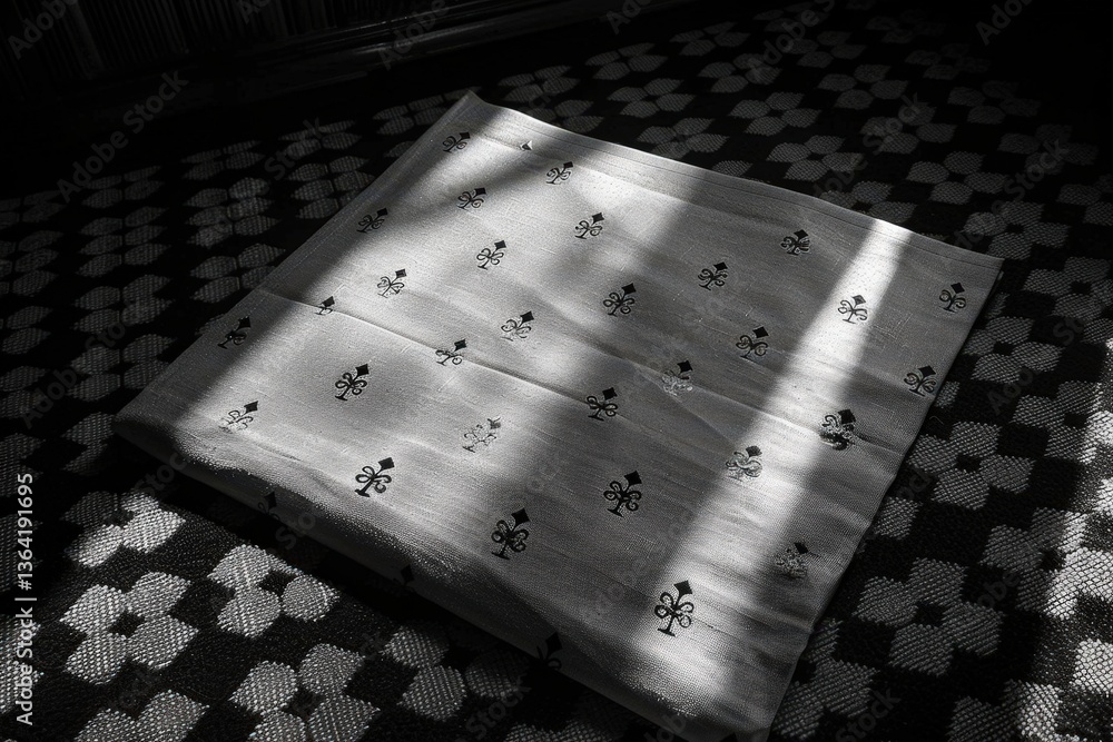 Poster a serene black and white image showcasing a patterned fabric on a textured floor, illuminated by sof