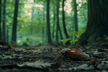 Obraz premium Solitary Cicada Resting on Forest Floor Amidst Verdant Woodlands