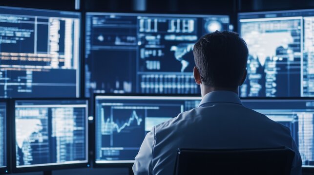 A cybersecurity analyst monitoring data streams, dimly lit control room with multiple screens displaying code and analytics, High-tech style