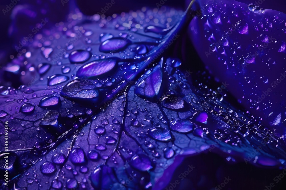 Poster a close-up view of a violet leaf covered in shimmering water droplets, creating a striking visual co