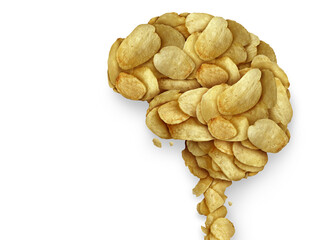Salt And Depression and junk food addiction symbol as a group of salty chips representing a human brain as a psychology and neurology connection to eating high sodium unhealthy snacks.
