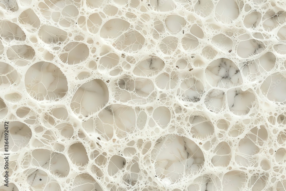 Poster a close-up view of a porous, textured surface featuring numerous interconnected bubbles and hollows,