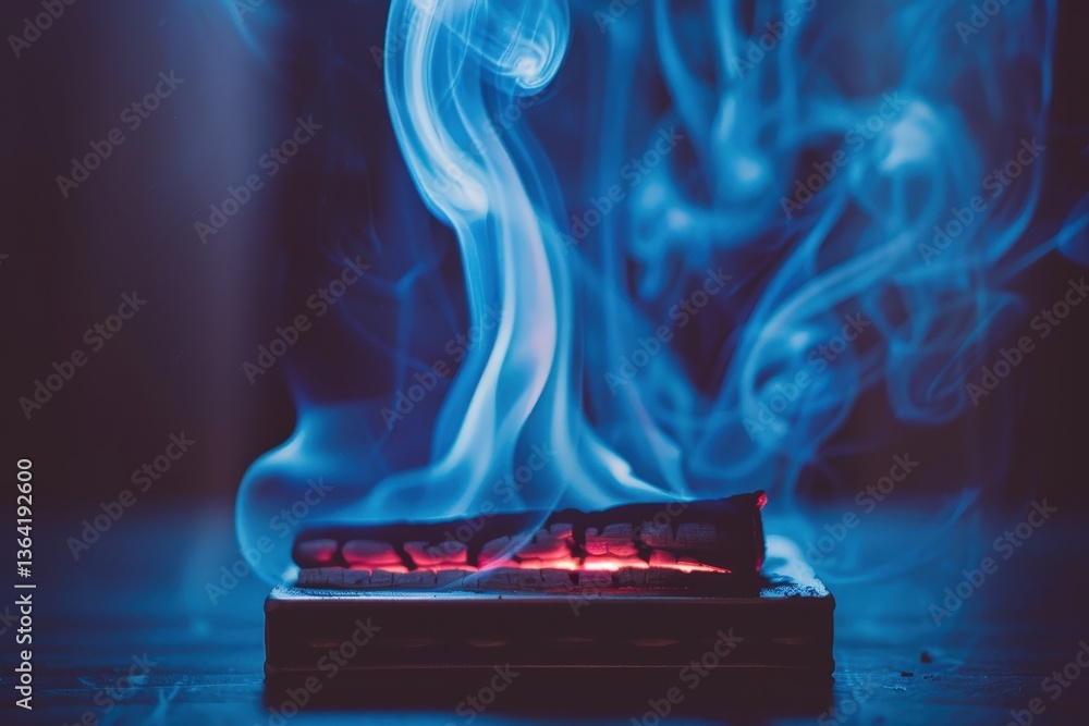Poster a glowing ember emits colorful smoke, creating a captivating visual display against a dark backgroun