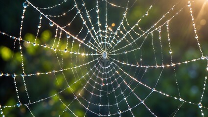 Naklejka premium Detailed macro shot of a spider's web glistening with water droplets, sunlight
