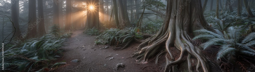 Poster a serene forest scene with sunlight filtering through trees, illuminating a path surrounded by lush 