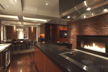 Obraz premium A modern kitchen featuring dark wood cabinetry, stainless steel appliances, and an inviting dining area with a cozy fireplace and warm lighting.