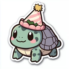 Fototapeta premium Adorable Cartoon Turtle in Pink Party Hat