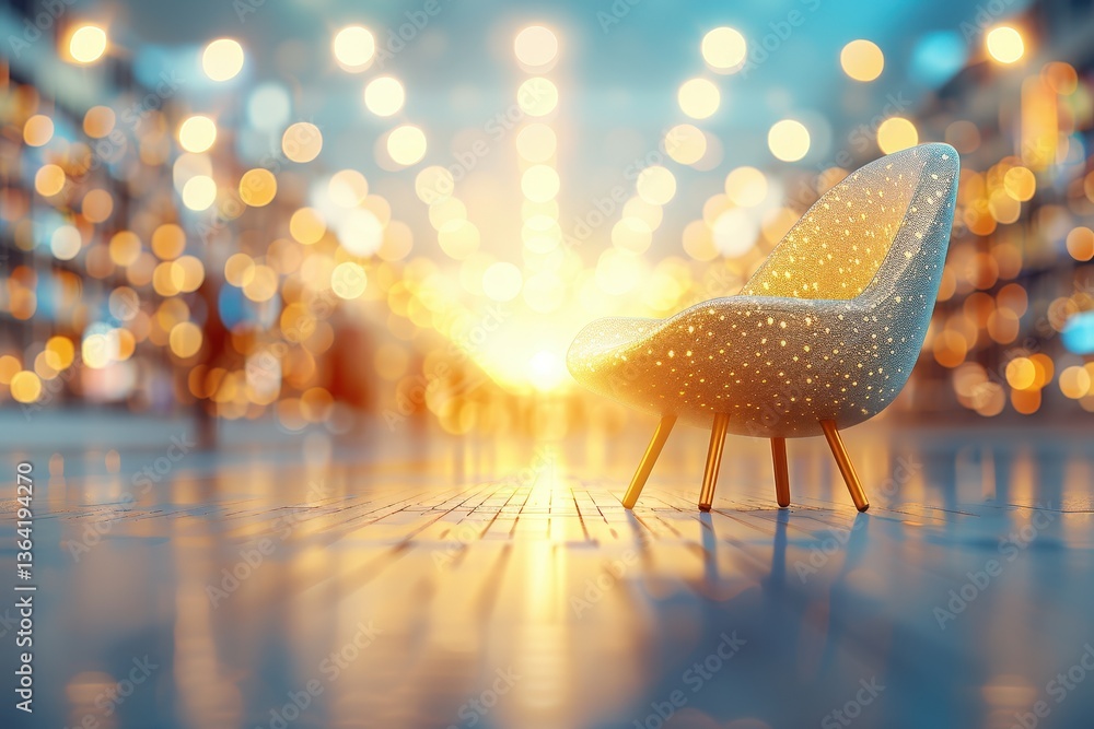 Poster a modern, sparkling chair is illuminated by warm bokeh lights, creating an inviting atmosphere in a 