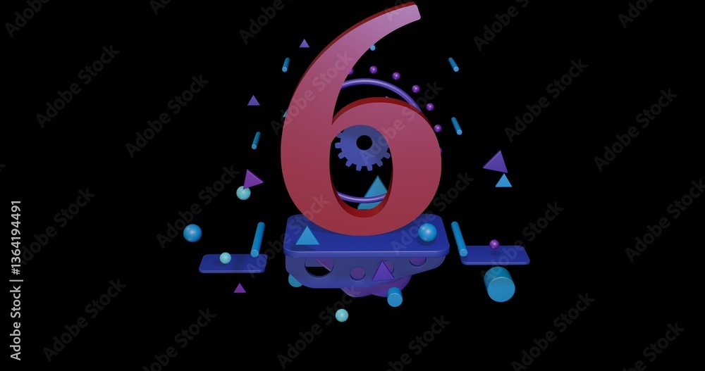 Poster red number six symbol on a pedestal of abstract geometric shapes floating in the air. abstract conce