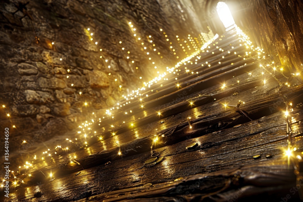 Poster a dimly lit passageway adorned with glowing lights, leading to a bright exit, creating a magical and