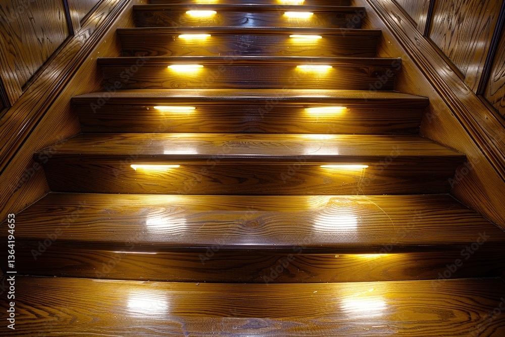 Poster Illuminated wooden staircase with ambient lighting, creating a warm and inviting atmosphere.