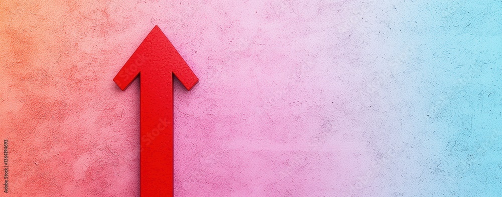 Poster red arrow pointing upward on textured gradient background from pink to blue