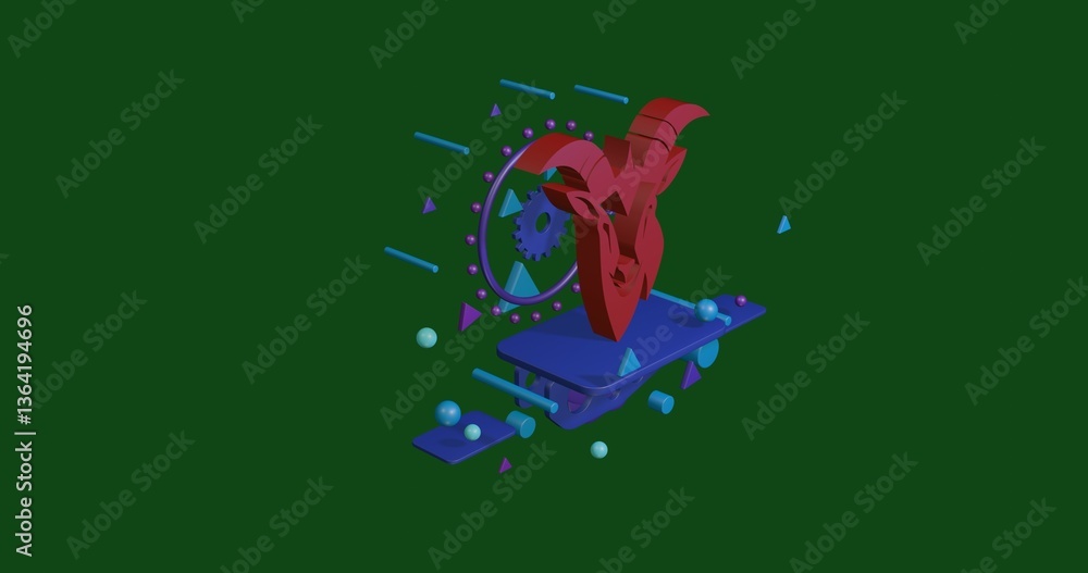Poster red goat head symbol on a pedestal of abstract geometric shapes floating in the air. abstract concep