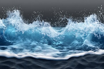 Sea wave on black sand beach with splashes of water, close up