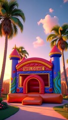 Obraz premium Giant Tropical Inflatable Bounce House with Palm Trees and Sunset Backdrop 