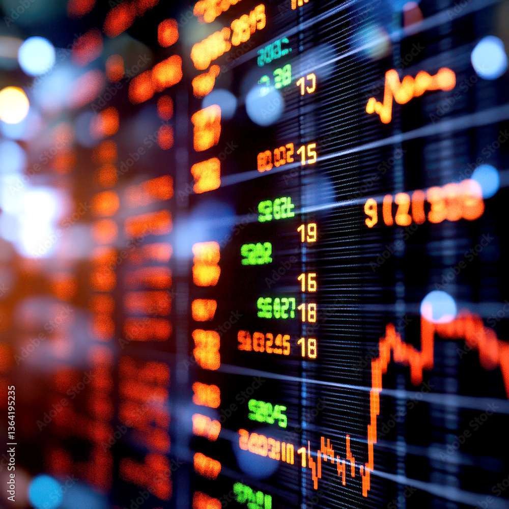 Poster dynamic stock market data displayed on a digital screen.
