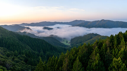 Misty Mountain Valley Sunrise View From Forest