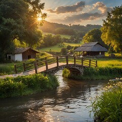 Fototapeta premium Wooden bridge over a river. Buildings, trees, and sunlight create a peaceful scene