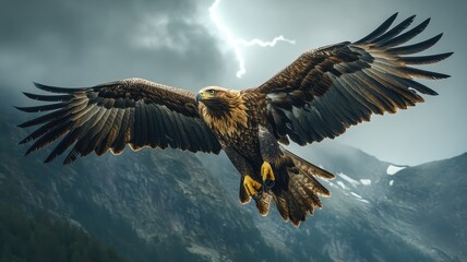 Obraz premium Majestic Golden Eagle Soars Through Stormy Skies with Lightning