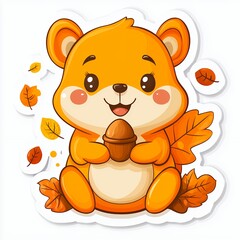 Obraz premium Adorable Orange Cartoon Squirrel with Acorn and Autumn Leaves