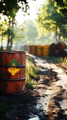 Fototapeta premium A rusty barrel stands near a muddy path in nature