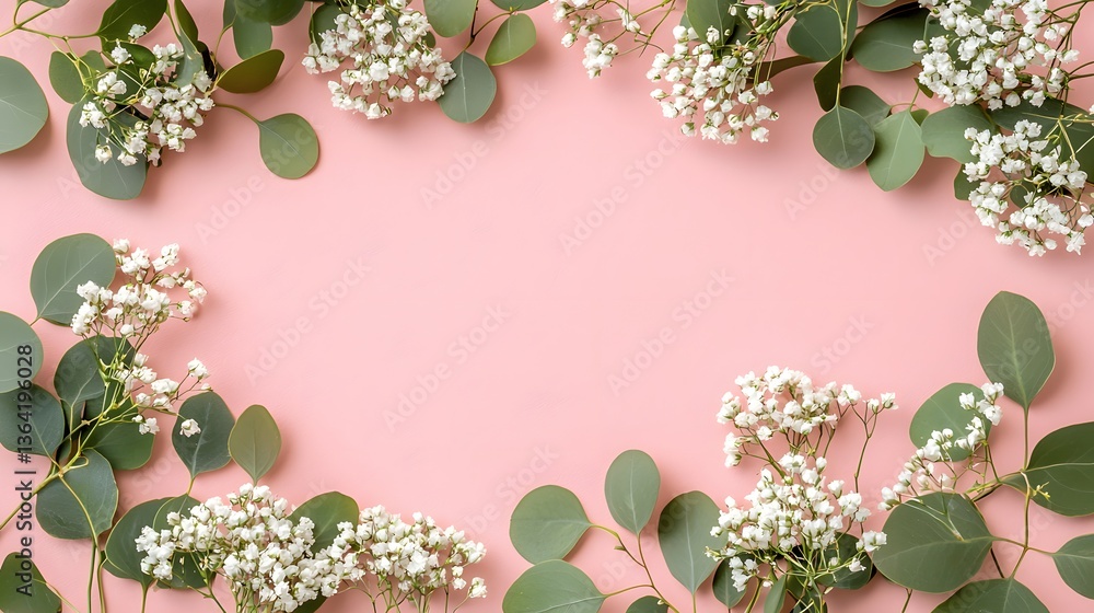Poster soft pink background adorned with eucalyptus leaves and flowers creating a serene and elegant presen