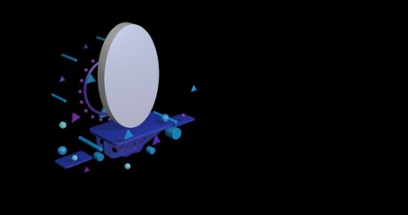 White ellipse symbol on a pedestal of abstract geometric shapes floating in the air. Abstract concept art with flying shapes on the left. 3d illustration on black background