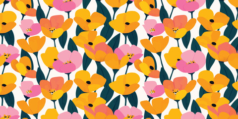A vibrant field of colorful flowers blooms in a captivating pattern, a cheerful dance of colors and forms. Capturing the vibrancy and elegance of the spring season.