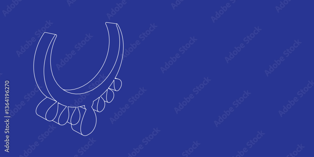 Poster the outline of a large necklace symbol made of white lines on the left. 3d view of the object in per