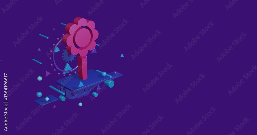 Poster pink chamomile symbol on a pedestal of abstract geometric shapes floating in the air. abstract conce