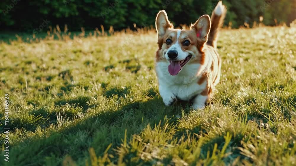 Poster a joyful corgi runs through a sunlit field, captured from a low-angle shot, creating a lively and dy