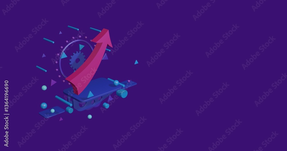 Poster pink up arrow on a pedestal of abstract geometric shapes floating in the air. abstract concept art w