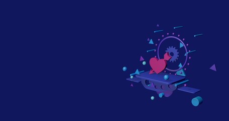 Pink cupid arrow symbol on a pedestal of abstract geometric shapes floating in the air. Abstract concept art with flying shapes on the right. 3d illustration on indigo background