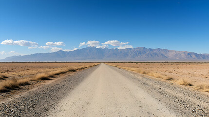 Straight Dirt Road Leading To Distant Mountain Range Under Clear Blue Sky in Dry Desert Landscape