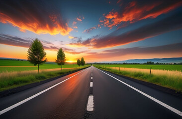 Fototapeta premium Black Asphalt Road Landscape at Sunset in Vibrant Nature Scene top view