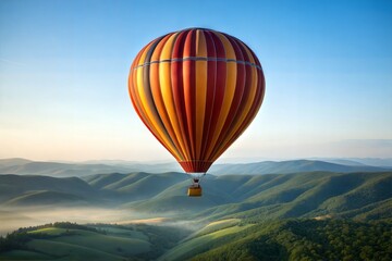 Obraz premium Hot air balloon flying over scenic green hills during sunrise, colorful balloon soaring in the sky with peaceful landscape