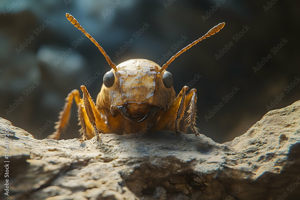 Poster detailed close-up of an ant on a rock, capturing its intricate features and textures with a sharp fo