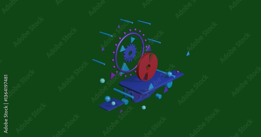 Poster red cd symbol on a pedestal of abstract geometric shapes floating in the air. abstract concept art w