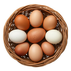 Fresh eggs in woven basket, showcasing various colors and sizes, evoke sense of natural abundance and simplicity